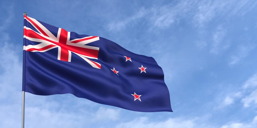 New Zealand Flag waving by wind , Blue Sky with white clouds