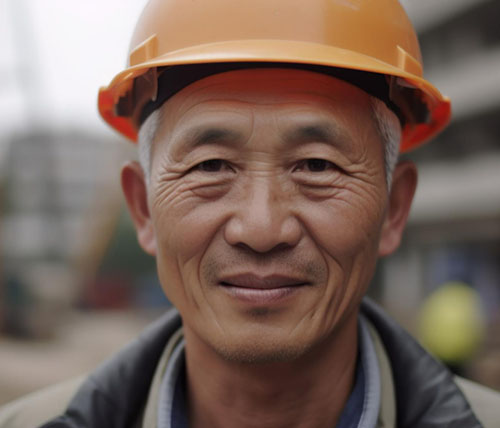 Old Construction Workers wearing orange helmet