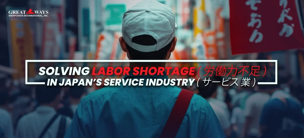 a japanese man walking in Japan with a hovering text about solving labor shortage in Japan's service industry