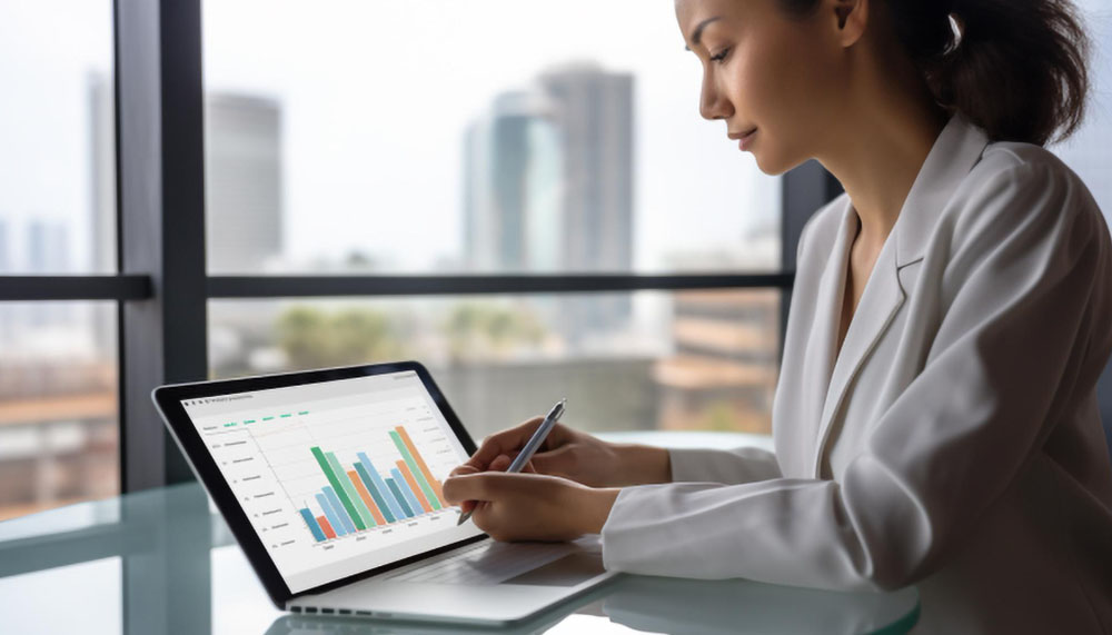 An image of a woman in a formal attire facing the computer with a bar graphs on its screen.