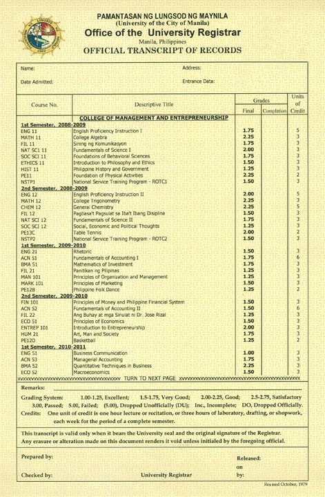 copy of transcript of school records