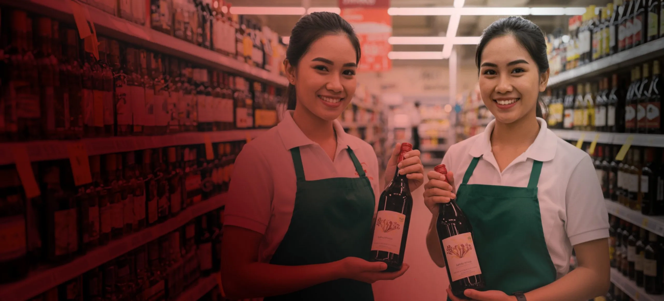Two smiling female grocery store employees in green aprons holding red wine bottles in an aisle filled with wine.