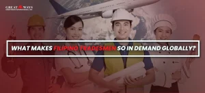 Filipino tradesmen, including professionals in various fields like construction, healthcare, and culinary, stand proudly with tools and equipment. The image highlights the global demand for skilled Filipino workers, with an airplane in the background symbolizing international opportunities.