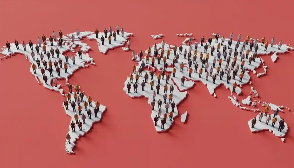 3D world map with miniature people figures distributed across continents, symbolizing global population or workforce distribution, on a red background.