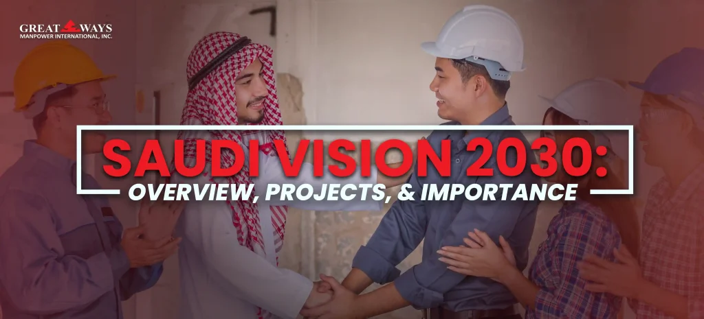 “A group of construction and industrial workers stand together, with a man in traditional Middle Eastern attire shaking hands with a worker wearing a hard hat. The image is overlaid with the text ‘Saudi Vision 2030: Overview, Projects, & Importance,’ along with the Greatways Manpower International, Inc. logo in the corner.