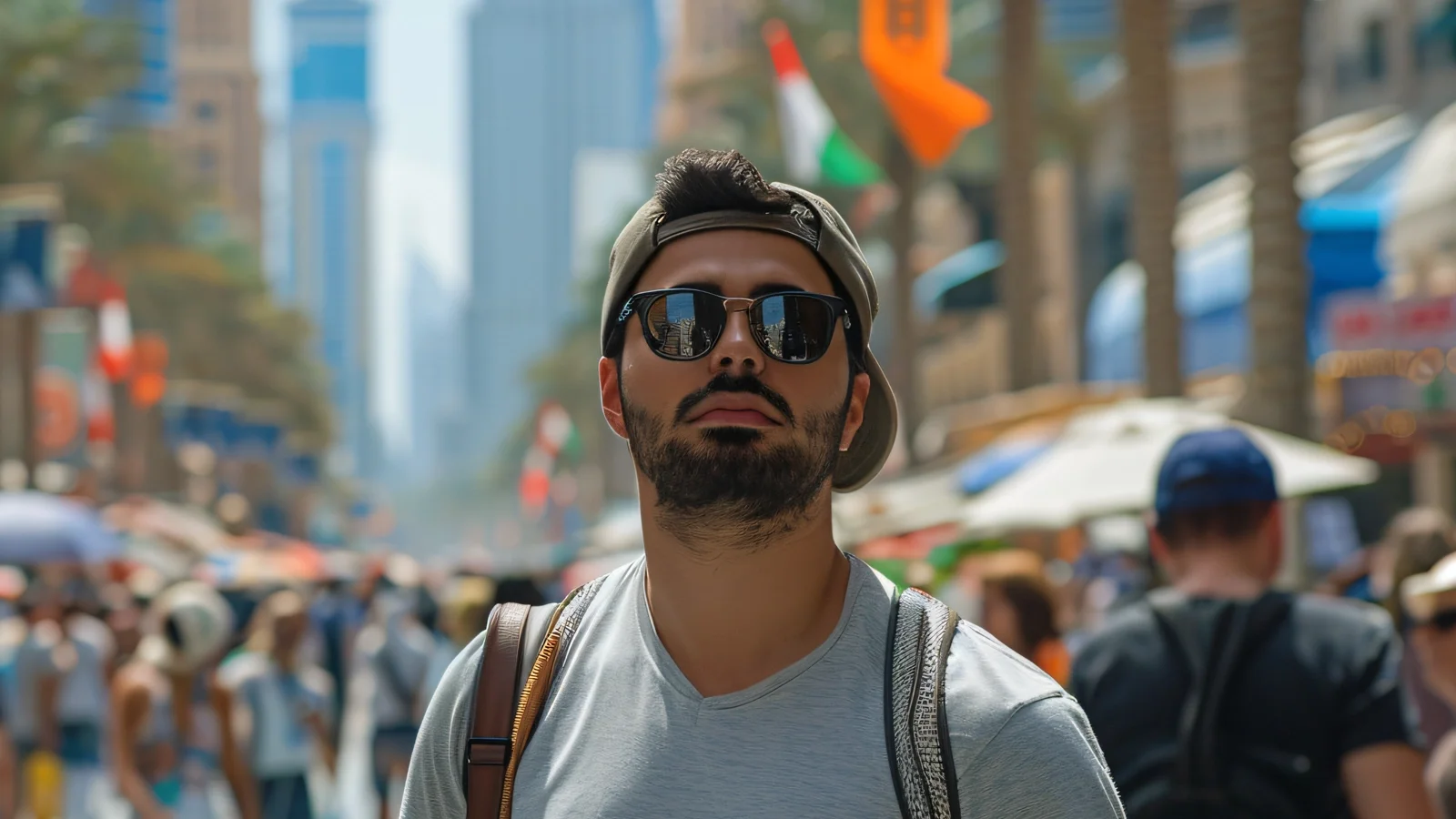 A man wearing sunglasses, a backward cap, and a backpack stands in a busy outdoor urban street filled with people, tall buildings, and colorful flags in the background.